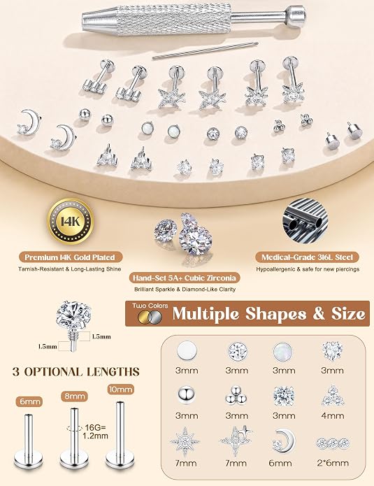 Drperfect 16G/18G Flat Back Stud Earrings for Women, Hypoallergenic Surgical Steel Gold Silver Plated Internal Thread Stud Piercing Jewelry for Tragus Helix Cartilage Conch Nose Lip Medusa Piercing