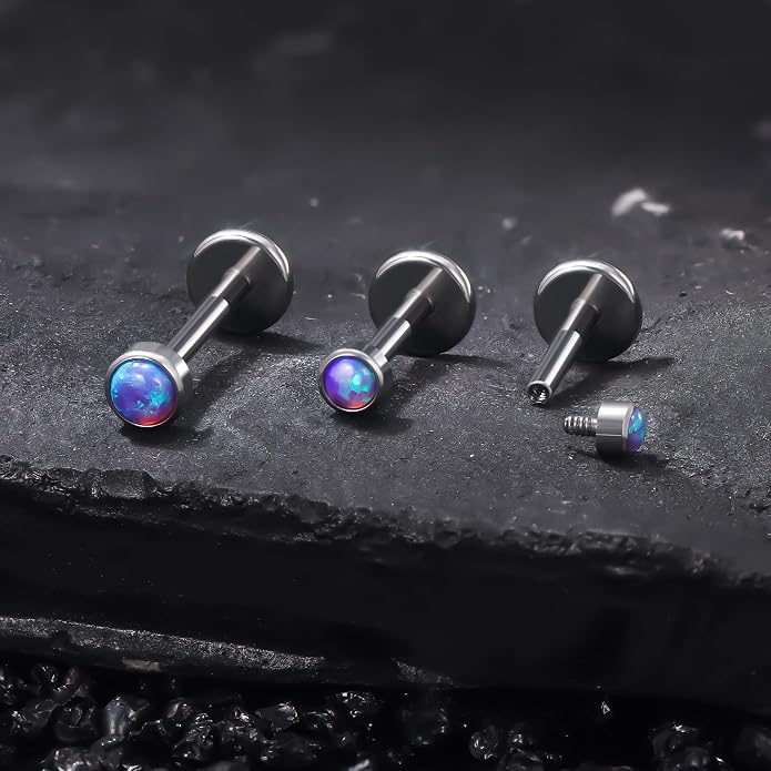 Ruifan Titanium Flat Back Lip Rings Externally Threaded Earrings Studs Nose Rings 20G 18G 16G Jeweled Round Opal Tragus Cartilage Lobe Rook Helix Conch Labret Medusa Piercing Jewelry for Women Men