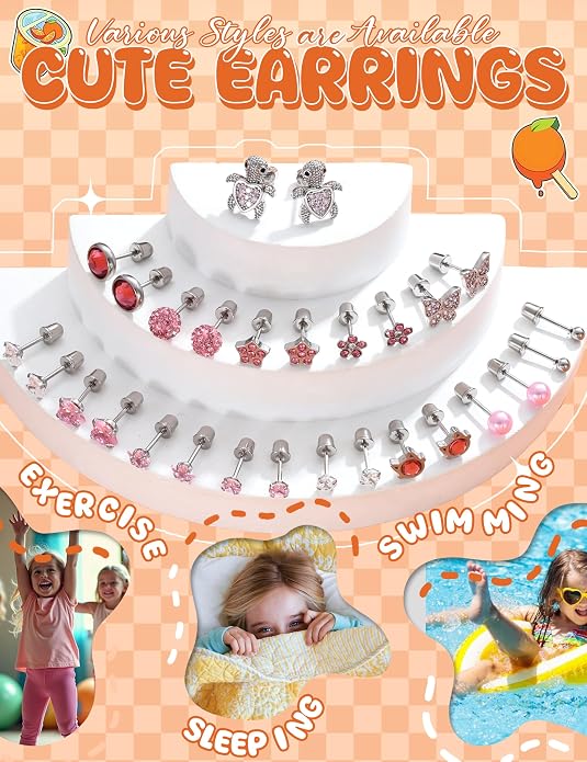 LOYALLOOK 14Pairs Hypoallergenic Screwback Earrings for Women Girls Tiny CZ Pearl Ball Heart Flower Screw Back Earring Studs 316L Stainless Steel Stud Earrings Flatback 20G Over 3 Years Old