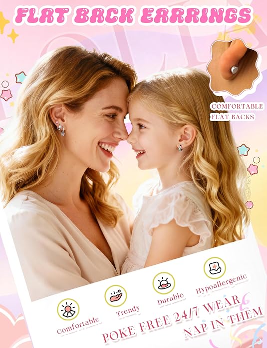 LOLIAS Hypoallergenic Earrings for Girls Flat Back-Stainless Surgical Steel Earrings for Sensitive Ears Women Cute Hoops Flatback Studs Screw Back Toddler Kids Teen Girls Earrings Jewelry