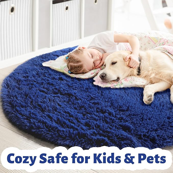 Amdrebio Navy Blue Round Rug 4Ft for Boys Room Bedroom, Circle Area Rugs for Kids Room, Living Room Decor Aesthetic, Fluffy Shag Fur Throw Royal Dark Blue Carpet for Preppy Dorm Playroom Baby Nursery