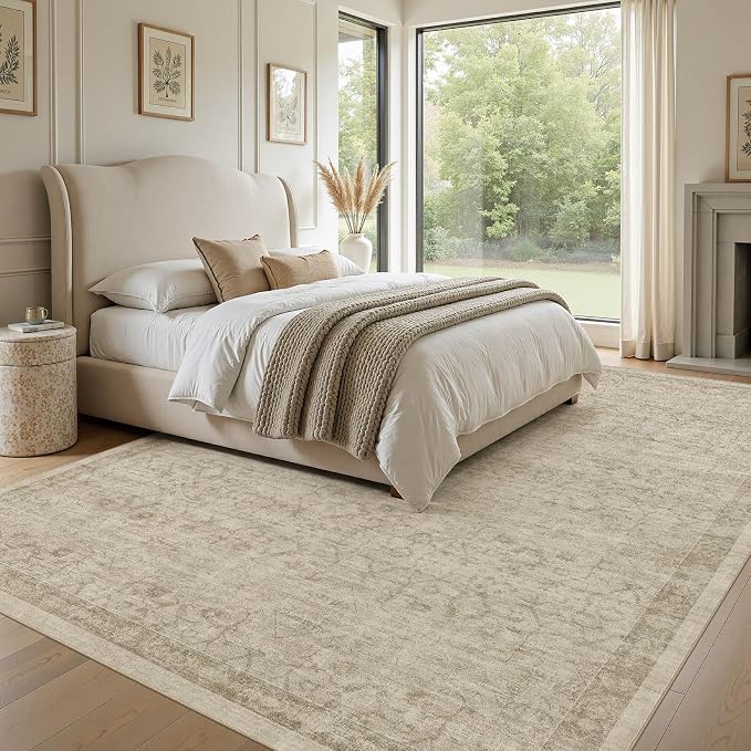 Nakagishi 7x9 Area Rugs Living Room: Washable Large Vintage Rug Neutral Non-Slip Soft Stain Resistant Indoor Carpet for Bedroom Nursery Dining Room Office Playroom - Vintage Brown