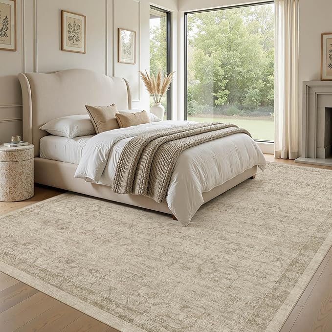 Nakagishi 5X7 Area Rugs Living Room: Washable Large Vintage Rug Neutral Non-Slip Soft Stain Resistant Indoor Carpet for Bedroom Nursery Dining Room Office Playroom - Vintage Brown