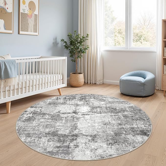 DMOYEST 5ft Round Area Rug for Living Room - 5x5 Washable & Non Slip Circle Rug, Kid & Pet Friendly Soft Low Pile Abstract Carpet for Bedroom and Dining Room - Grey