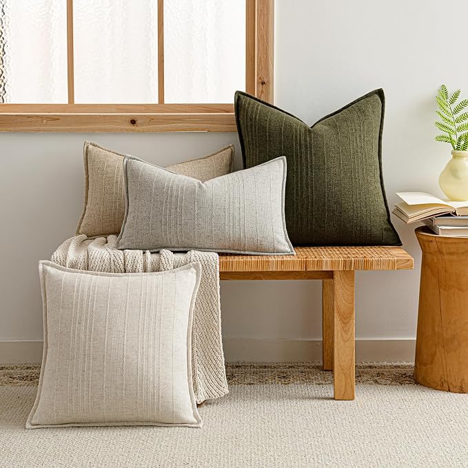 a moment Linen Pillow Covers Set of 2,Boho Farmhouse Throw Pillowcases Neutral Textured Decorative Covers for Couch Sofa, Linen Blend Accent Case Cushion Living Room Home Decor 26"x26" Beige Grey
