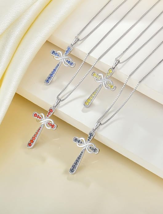 YL 925 Sterling Silver Cross Necklace for Women Halo Infinity Pendant Cubic Zirconia Jewelry for Mom