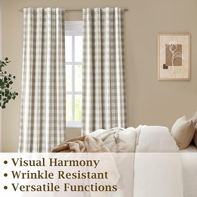 Beige White Buffalo Plaid Full Blackout Curtains 90 Inches Length | Darkening Thermal Insulated Double-Layer Drapes,Rustic Bedroom Living Room Window Treatment,Rod Pocket Back Tabs,52"Wx90"Lx2