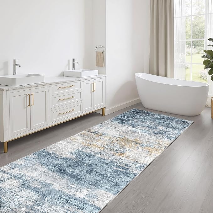 Runner Rug Non-Slip Kitchen Rug: 2x6 Washable Abstract Modern Soft Stain Resistant Indoor Floor Neutral Accent Throw Carpet for Hallway Bathroom Laundry Room Bedroom Entryway- Blue Gold