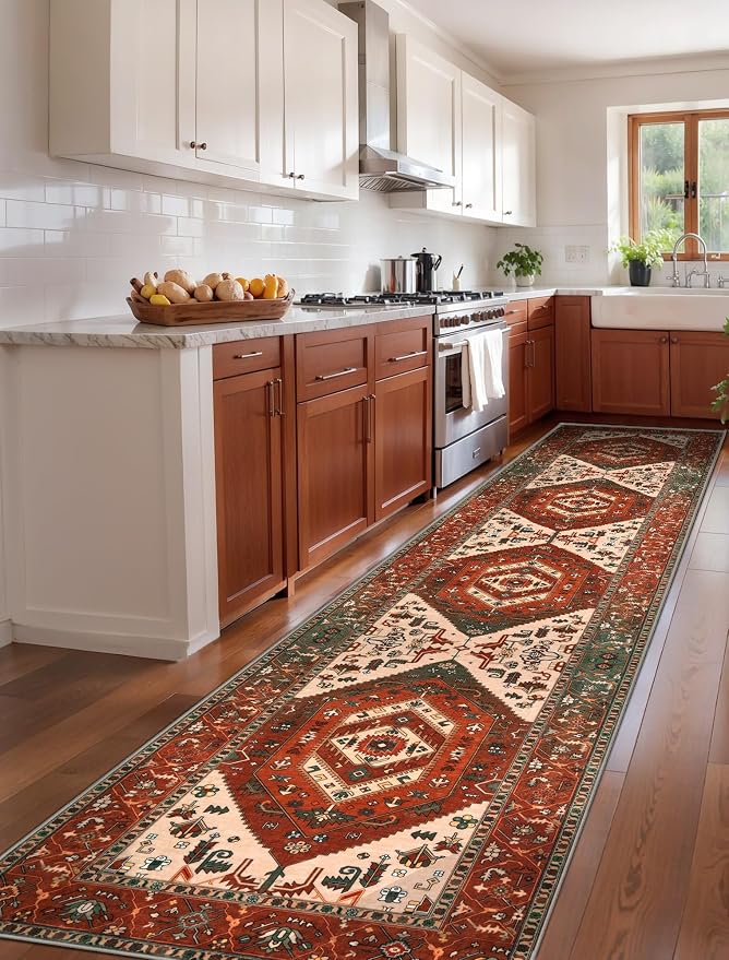 SERISSA Runner Rug for Hallways, 2'6"x12' Washable Non Slip Kitchen Runner Rug, Extra Long Boho Rug Ultra Soft Vintage Terracotta Green Floor Carpet for Bedroom Hallway Entryway Laundry Room