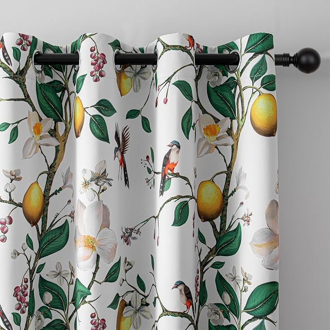 MYSKY HOME Floral Curtains 95 Inch Long for Living Room Vintage Farmhouse Room Darkening for Dining Room Bedroom Lemon Hummingbird Patterned Thermal Insulated Drape, 2 Pcs, W52, Greyish White