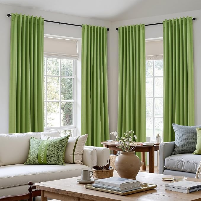 Guken 100% Blackout Curtains 96 Inch Length 2 Panels Set for Living Room Bedroom Back Tab Thermal Insulated Black Out Linen Drapes Room Darkening Lime Green,52x96