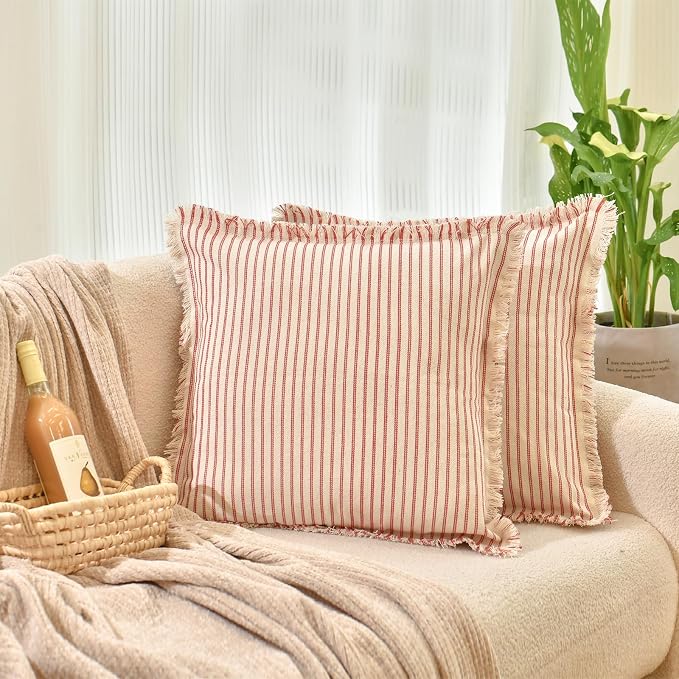 ZWJD Red Throw Pillow Covers 18x18 Set of 2 Striped Pillow Covers with Fringe Chic Cotton Decorative Pillows Square Cushion Covers for Sofa Couch Bed Living Room Farmhouse Decor