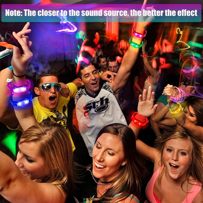 24 Pcs LED Glow Bracelets Sound Activated Flashing Light Up Bracelet for New Years Eve Glow in the Dark Party Supplies Christmas Party Favors Birthday Gift Carnival Concerts Night Events