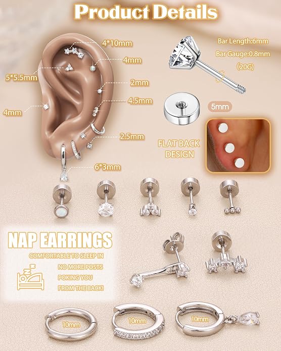MILACOLATO Hypoallergenic Flat Back Earrings 14K Gold Plated Cartilage Earring Sets for Multiple Piercing 20G Surgical Stainless Steel Earrings for Women Trendy Earring Stacks Small Hoop Flatback Stud Earrings