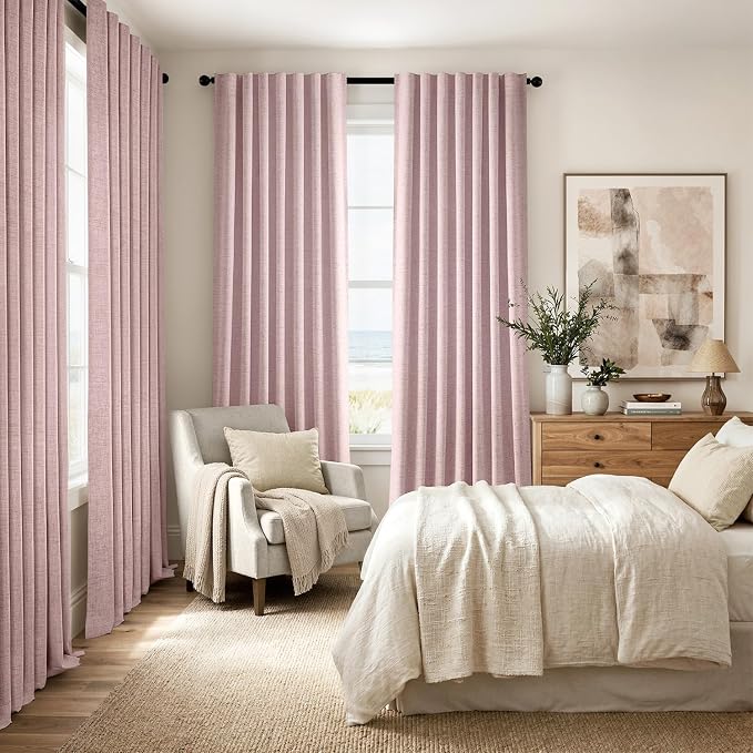MIULEE 100% Blackout Linen Curtains for Bedroom 42 x 63 Inch Pink 2 Panels | Thermal Insulated, Room Darkening Drapes for Living Room, Back Tab Rod Pocket Pinch Pleated, Solid Luxury Decor