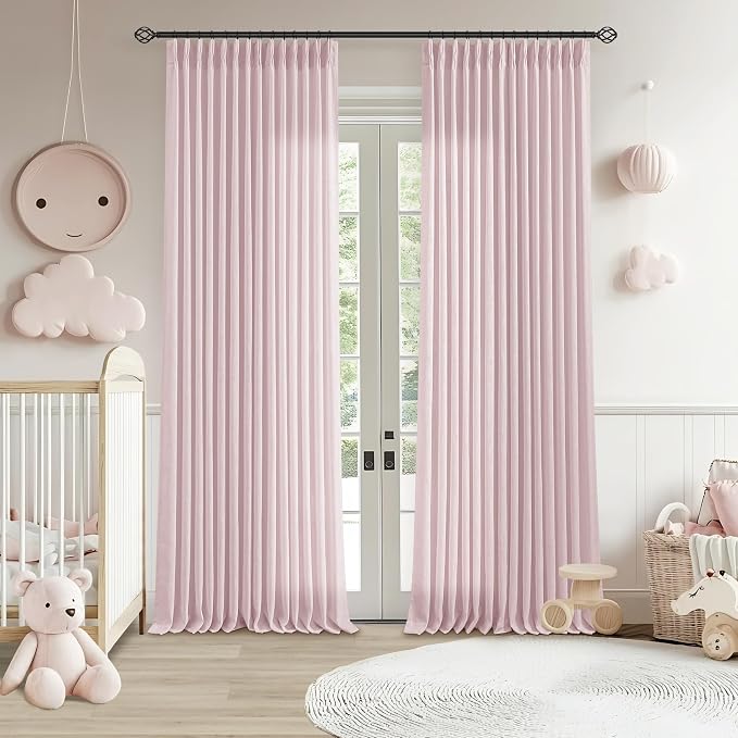 Light Pink Linen Pinch Pleat Curtains 102 Inch Length 2 Panels Set 40x102 | for Nursery Girls Bedroom Living Room, Pinch Pleat Memory Shape Trained, Light Filtering Privacy Semi Sheer, Baby Pink Blush