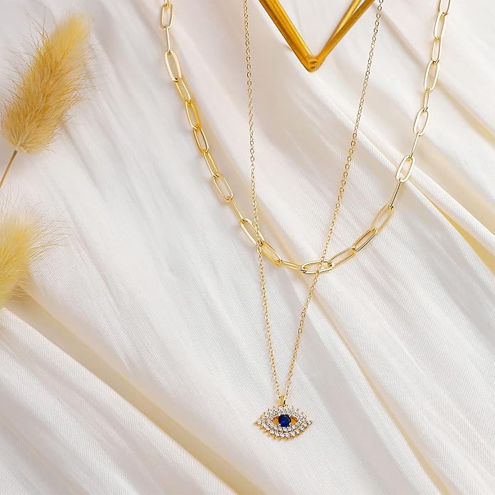 MEVECCO Layered Heart Necklace Pendant Handmade 18k Gold Plated Dainty Gold Choker Arrow Bar Layering Long Necklace for Women