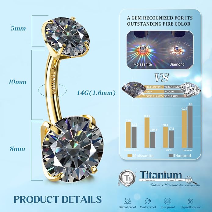 GEMQUEEN Moissanite ＆ G23 TItanium Belly Button Ring 18K Gold Plated Hypoallergenic Internally Threaded Belly Rings 14G Navel Piercing Jewelry For Women Men D Color VVS1 Clarity Brilliant Cut