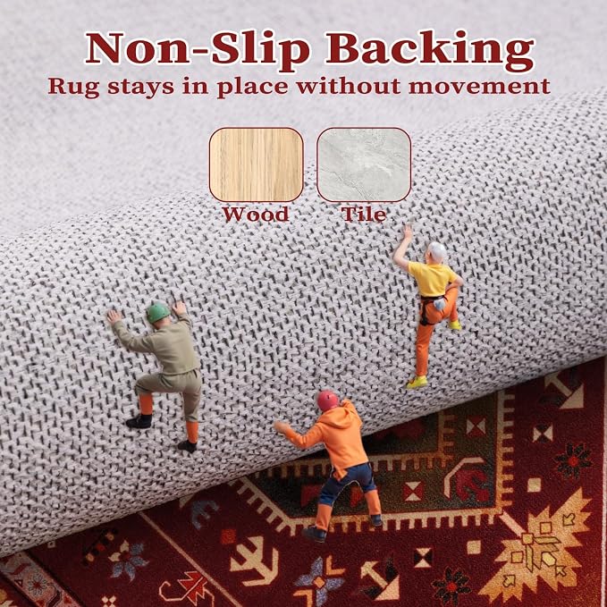 SERISSA 5x7 Boho Area Rug, Washable Non-Slip Rugs for Living Room, Large Rustic Red Gold Rug Ultra Soft Vintage Oriental Print Distressed Carpet for Bedroom Dining Room Dorm Office Home Decor