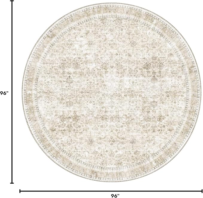 Sasttie Round Rugs 8ft, Ultra-Soft Washable Circle Rug, Low Pile Foldable Thin Carpets with Non-Slip Backing, Skin-Friendly Stain Resistant Carpet for Living Room, Bedroom, Kitchen, Dorm, 8ft, Beige