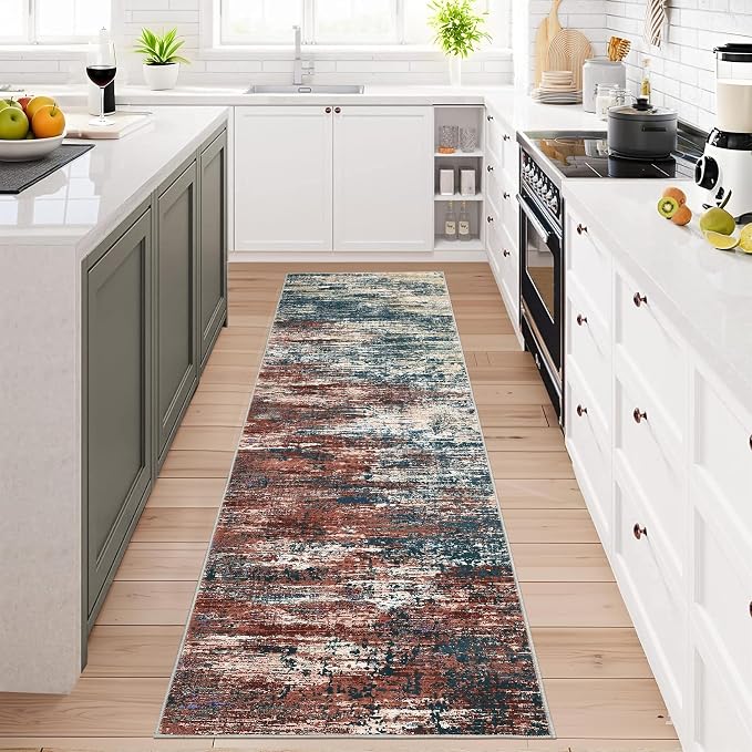 ROYHOME Washable Runner Rug 2x6 Modern Abstract Kitchen Rugs, Non Slip Bathroom Rug, Low Pile Laundry Room Soft Long Carpet for Hallway Bedroom Entryway, Red Multi