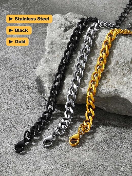 U7 Link Bracelets for Men, Cuban Link/Rope/Watch Band Solid Bracelet, Silver Black Gold Color Wrist Bracelet 3/6/9/12/15mm Width, 6.5/7.5/8.3 Inch Length, Hand Chain Jewelry for Mens Women