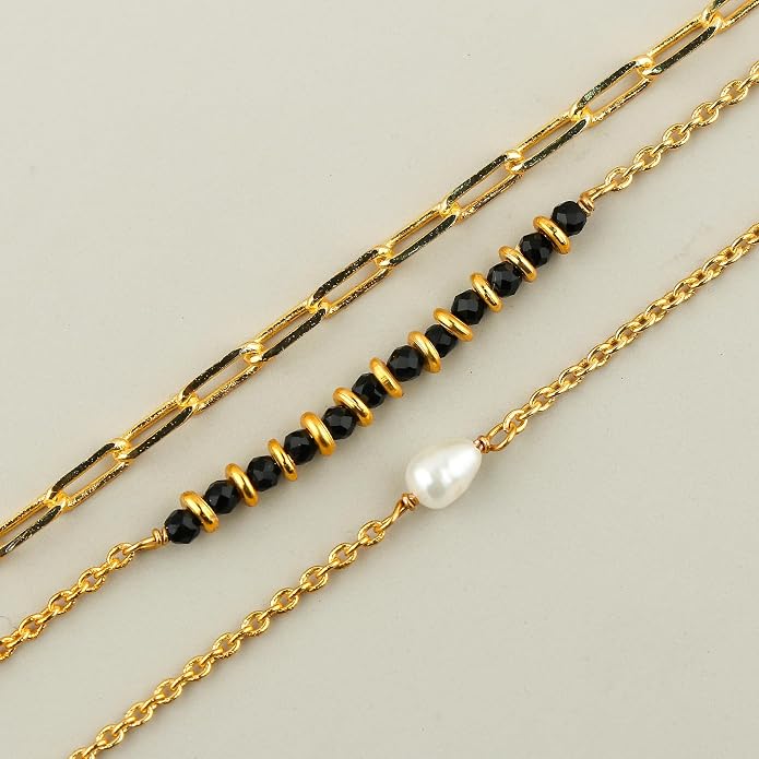Beads With Pearl 3 Layered Necklaces for Women 14k Gold Plated Dainty Stackable Choker Necklaces for Women Trendy Layering, Cuban Link, Paperclip Chain, For Women Gifts
