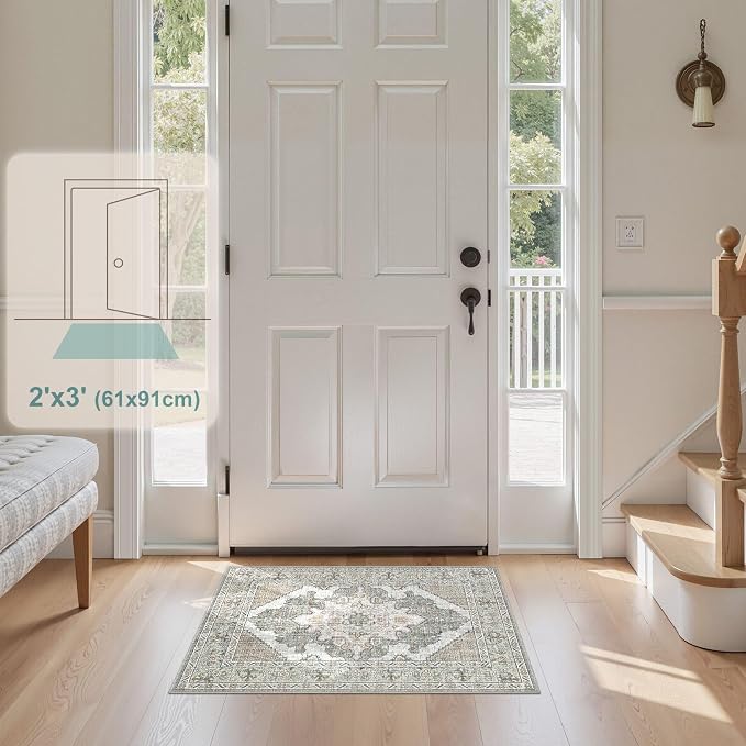 Tortania Area Rug 2x3 Doormat - Washable Vintage Oriental Farmhouse Soft Thin Indoor Carpet for Living Room Bedroom Hallway Entryway Kitchen - Sage Green