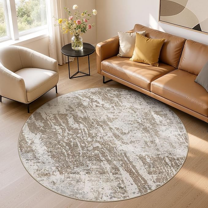 DMOYEST 6ft Round Washable Area Rug for Living Room: Modern Abstract Neutral Circle Carpet, 6x6 Soft Low Pile Non-Slip Floor Mat for Bedroom Under Dining Table, Kids & Pet - Brown