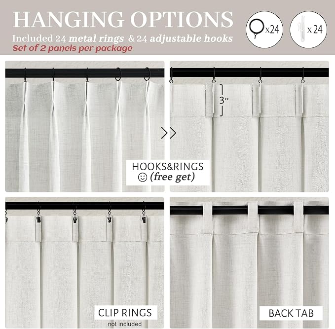 Pinch Pleated Off Beige White Extra Wide 70 x 108 Inch Patio Door Curtains for Sliding Glass Door, Modern Heavy Linen Blend Semi Sheer Light Filtering Floor to Ceiling Office Sunroom Drape Panels of 2