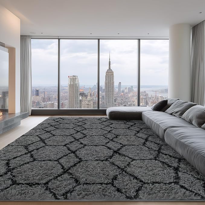 Fluffy Rug for Living Room, Soft Modern 8x10 Grey and Black Shag Area Rugs | Non Slip Grey Carpet for Bedroom, Home Decor Aesthetic, Washable Large Fuzzy Plush Floor Mat for Nursery Teen Dorm