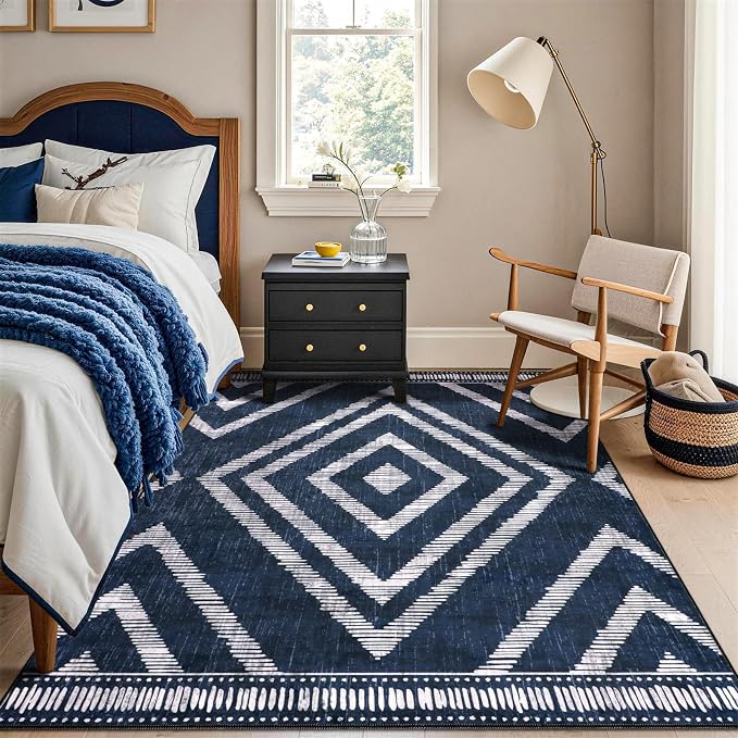 Boho Washable Rugs 5x7ft for Living Room, Navy Blue Thin Bedroom Area Rugs Non Slip, Moroccan Soft Kids Nusery Area Floor Carpets for Dining Room Playroom Kitchen Home Office Decor