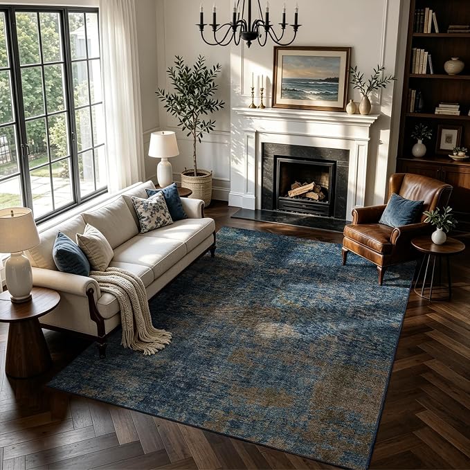 Blue Washable Rugs 8x10 Area Rugs for Living Room,Bedroom,Dining Room-Neutral Modern Abstract Rugs with Non Slip Backing,Large Soft Carpet for High-Traffic Areas Nursery Farmhouse Home Office