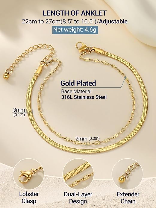 PROSTEEL Ankle Bracelets for Women Waterproof, Layered Stainless Steel Summer Beach anklets, Silver/Gold 8-10.5 Inch Adjustable, Come with Box