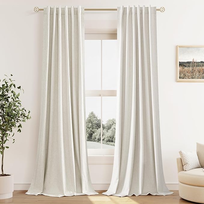 Extra Long 100% Blackout Linen Curtains for Bedroom 110 Inches Long Natural Cream Black Out Curtain Back Tab Thermal Insulated Room Darkening Window Drapes for Living Room 2 Panels Beige Ivory 52x110