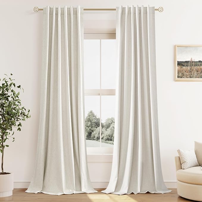 Extra Long 100% Blackout Linen Curtains for Bedroom 112 Inches Long Natural Cream Black Out Curtain Back Tab Thermal Insulated Room Darkening Window Drapes for Living Room 2 Panels Beige Ivory 52x112