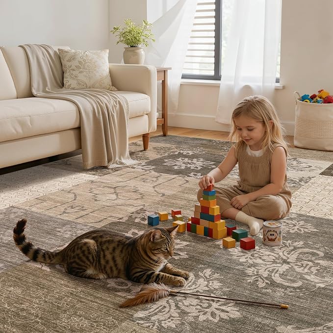 UERMEI 10x12 Area Rug for Living Room, Washable Brown Modern Geometric Patchwork Non Slip Stain Resistant Low Pile Foldable Carpet for Bedroom Dining Farmhouse Home Office
