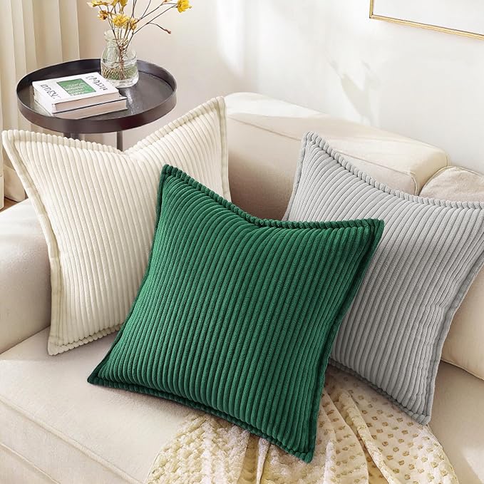 decorUhome Fall Corduroy Green Throw Pillow Covers 12x20 Set of 2 | Lumbar Couch Decorative Soft Modern Boho Farmhouse Pillow Covers Broadside Striped Pillow Cases for Living Room Bed Sofa