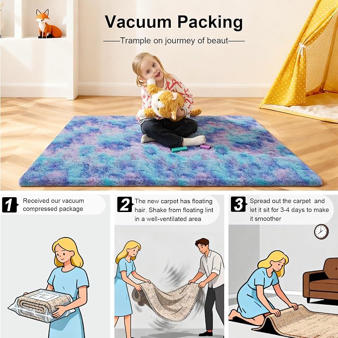 2x3 Rugs for Bedroom, Fluffy Area Rugs for Living Room, Small Fuzzy Shag Soft Carpet with 4 Non-Slip Adhesive Strips for Kids Boys and Girls Nursery Dorm Room Home Decor (2ft X 3ft, Rainbow)