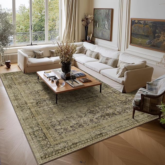 Boho Washable 9x12 Area Rugs for Living Room, Cushioned, Dark Green | Vintage Non-slip Neutral Oriental Rugs for Bedroom Dining Room Nursery Office High Traffic Area