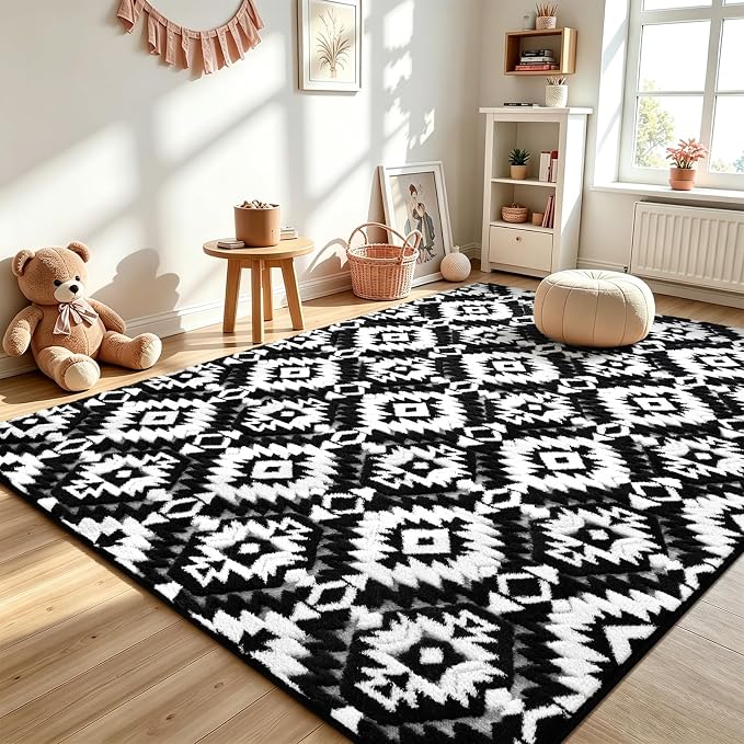 Macgace Ultra Soft Area Rug for Living Room, 6x9 Black and White Shag Rugs | Washable Non-Slip Backing Medium Pile Modren Geometric Fuzzy Carpet for Kids Room, Girls Bedroom, Classroom, Dorm
