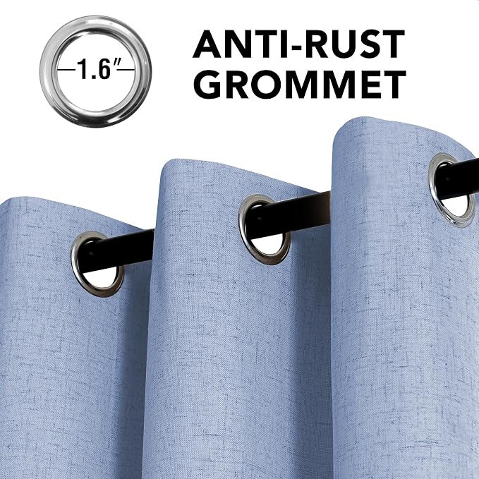H.VERSAILTEX Linen Curtains 100% Blackout Curtains for Bedroom 90 inch Long Full Light Blocking Nature Linen Blended Window Curtains for Living Room Nickel Grommet (2 Panels, Heathered Chambray Blue)