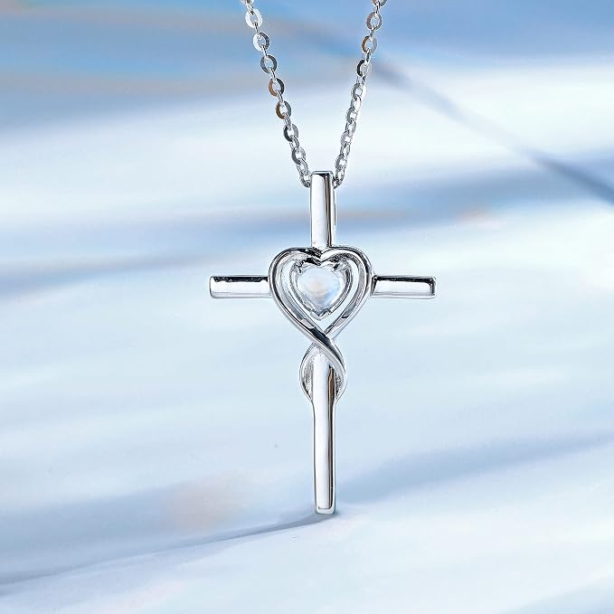 FANCIME Birthstone Cross Necklace for Women Birthstone Necklace Heart Infinity Cross Pendant Necklace Fine Jewelry Christmas Birthday Holiday Gifts for Her, 16"+2" Inches