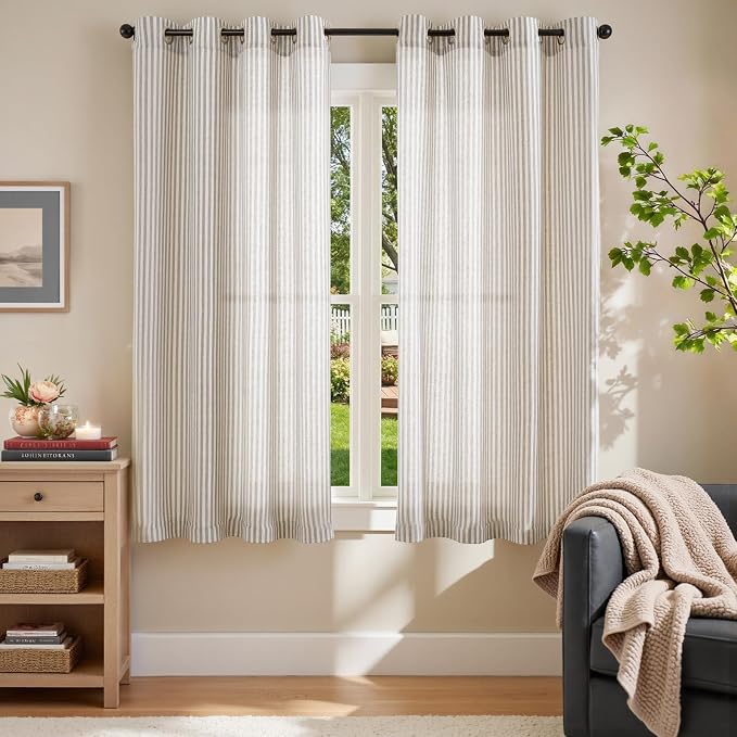 jinchan Linen Curtains 63 Inch Taupe Grey Stripe on Beige Grommet 2 Panels | Curtains for Living Room Bedroom,Ticking Stripe Pattern,Farmhouse Cottage Core Rustic, Window Treatment,Light Filtering
