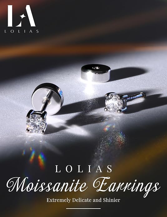 Moissanite Earrings for Men Women：Hypoallergenic Flat Back Earrings 925 Sterling Silver Stud Earring Small D Color VVS1 Moissanite 14K White Gold Plated Helix Cartilage Earring Studs Gift Jewelry