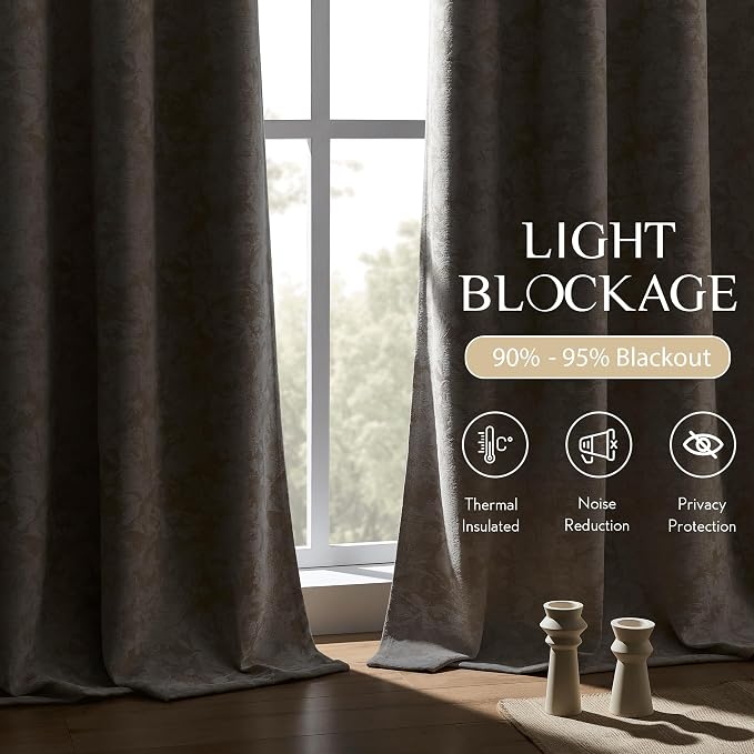 Beauoop Beige Floral Jacquard Blackout Sliding Door Curtains 100x84 1 Set | Flower Chenille Room Darkening Patio Curtains Extra Wide Room Divider Drapes Thermal Soundproof Window treatment Grommet