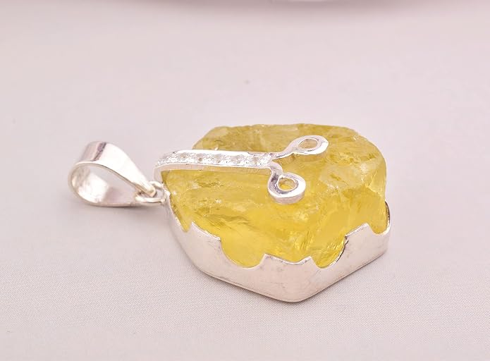 Natural Raw Lemon Quartz Stone Rough Crystal Gemstone Dainty Women Pendant Necklace, Chakra Healing Crystals, Birthstone, Gift, Rhodium Plated 925 Sterling Silver Chain 18 inch