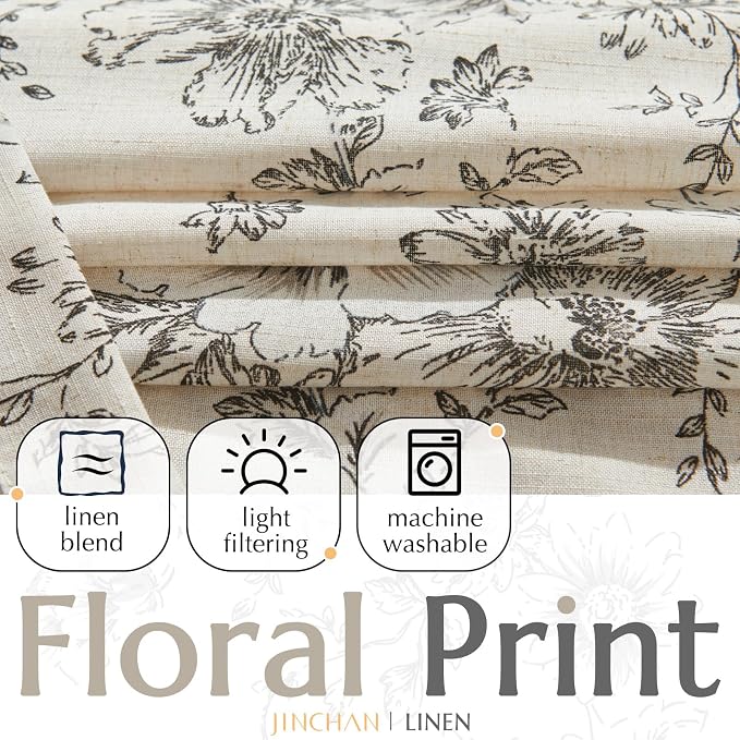 jinchan Black Floral Linen Curtains Lined 84 Inch Vintage Back Tab 2 Panels | Privacy lining, light filtering drapes, vintage, cottagecore, french country, rustic, bedroom, living room, window treatment