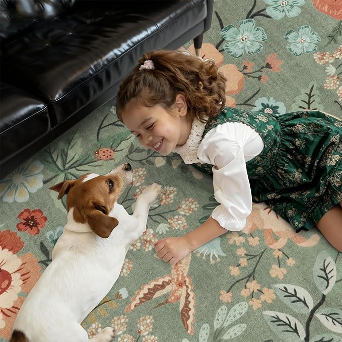 DCX Vintage Floral Rug 2x3, Washable Sage Green Rug for Living Room, Kid & Pet Friendly with Rubber Back Non Slip, Soft Low Pile Carpet, Stain Resistant Rug for Kitchen, Bedroom, Laundry, Bathroom