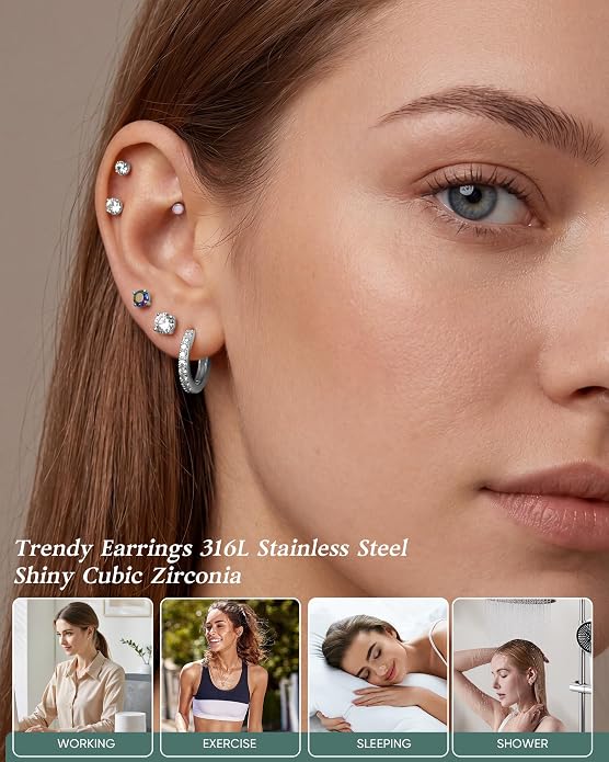 14K Gold Plated Hypoallergenic Earring Stack Set, Surgical Steel Flat Back & Screw Back Studs, Multi‑Size Small Huggie Hoops, Nickel‑Free CZ Pearl Opal Cartilage Earrings, Comfortable Sleeping Piercing Jewelry for Sensitive Ears Women & Men